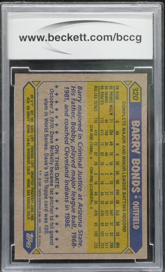1987 TOPPS BARRY BONDS #320 ROOKIE (RC) BCCG MINT 10