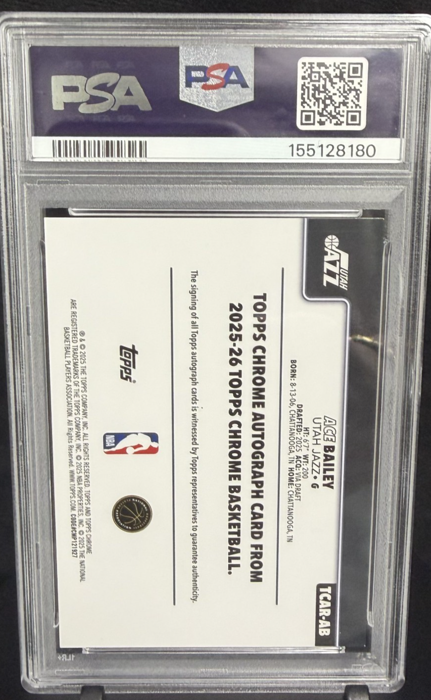 2025-26 Topps Chrome - Rookie Autographs Ace Bailey #TCAR-AB (AU, RC) JAZZ PSA 8