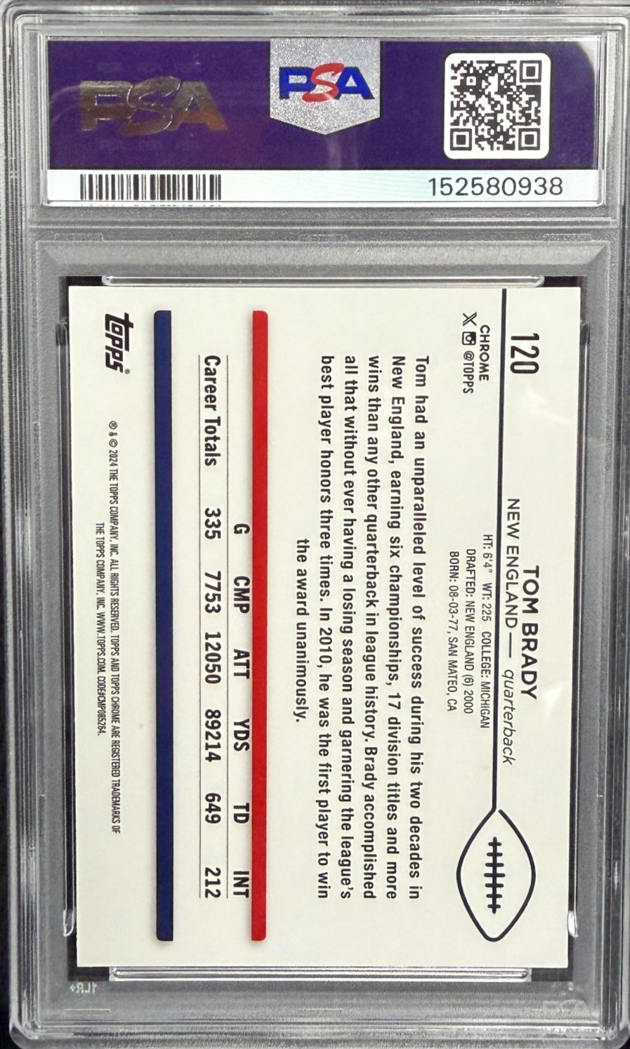 Tom Brady 2024 Topps Chrome Green Sonar Refractor #120 /99 PSA 10