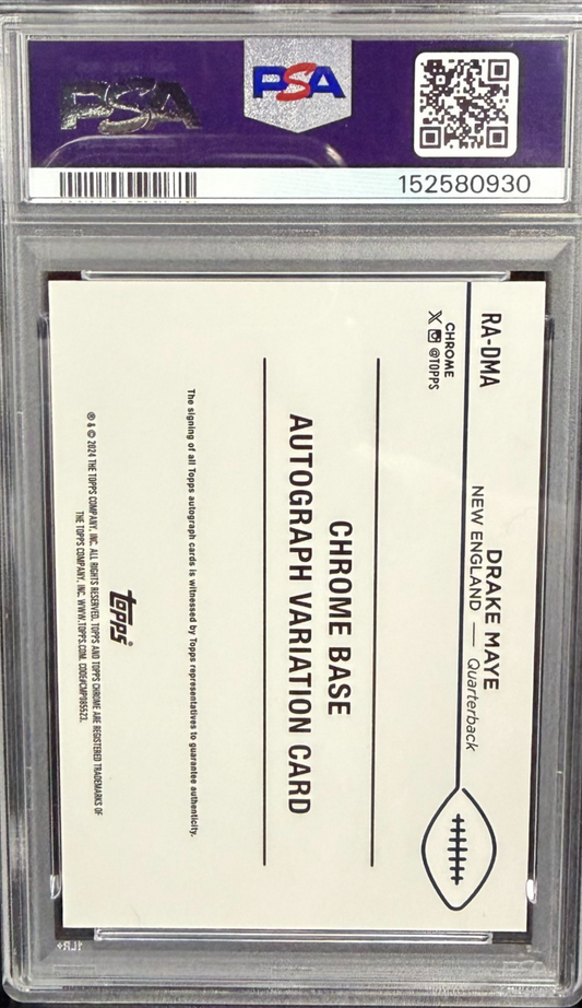 2024 Topps Chrome Rookie Auto Drake Maye Aqua Sonar Refractor/199 PSA 10 GEM