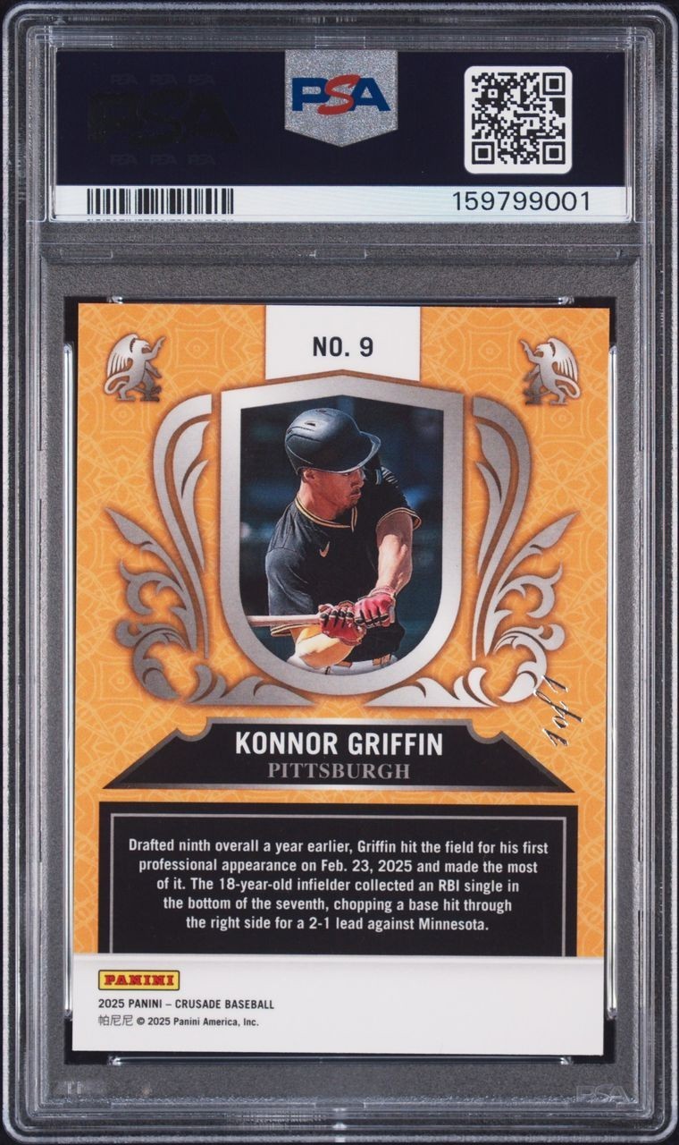 2025 PANINI CRUSADE KONNOR GRIFFIN BLACK CRACKED ICE /1 PIRATES #9 PSA 10