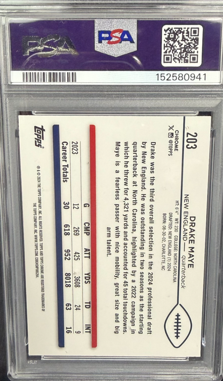 2024 Topps Chrome #203 Yellow Geometric Drake Maye PSA 10