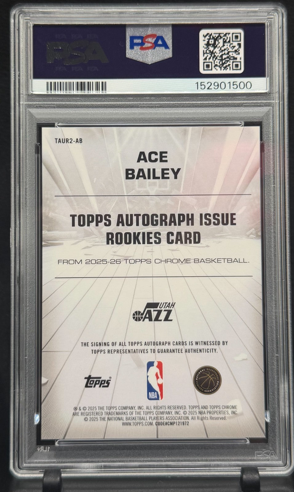 2025 26 Topps Chrome  Autograph  jazz  Rookies Ace Bailey JAZZ GOLD PSA 10 /50