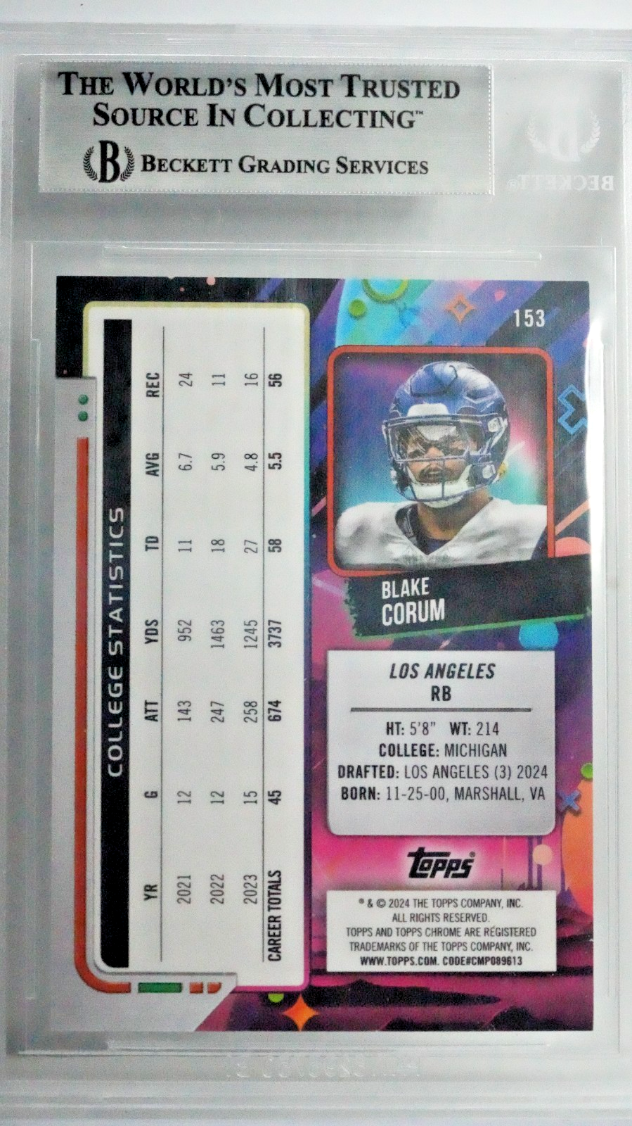 Blake Corum RC 2024 Topps Chrome Cosmic Superfractor 1/1 BGS 9 Mint LA Rams