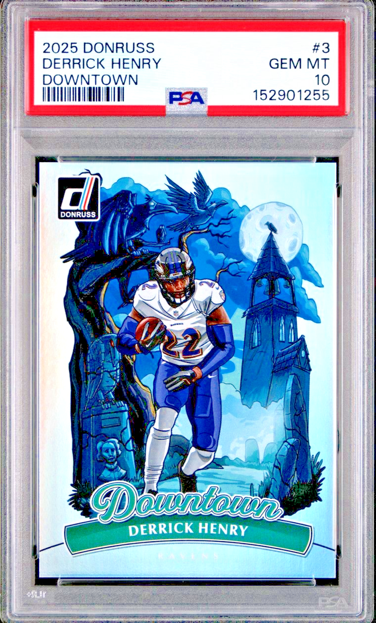 2025 PANINI DONRUSS FOOTBALL SSP DOWNTOWN ! DERRICK HENRY #3 RAVENS  PSA 10 GEM
