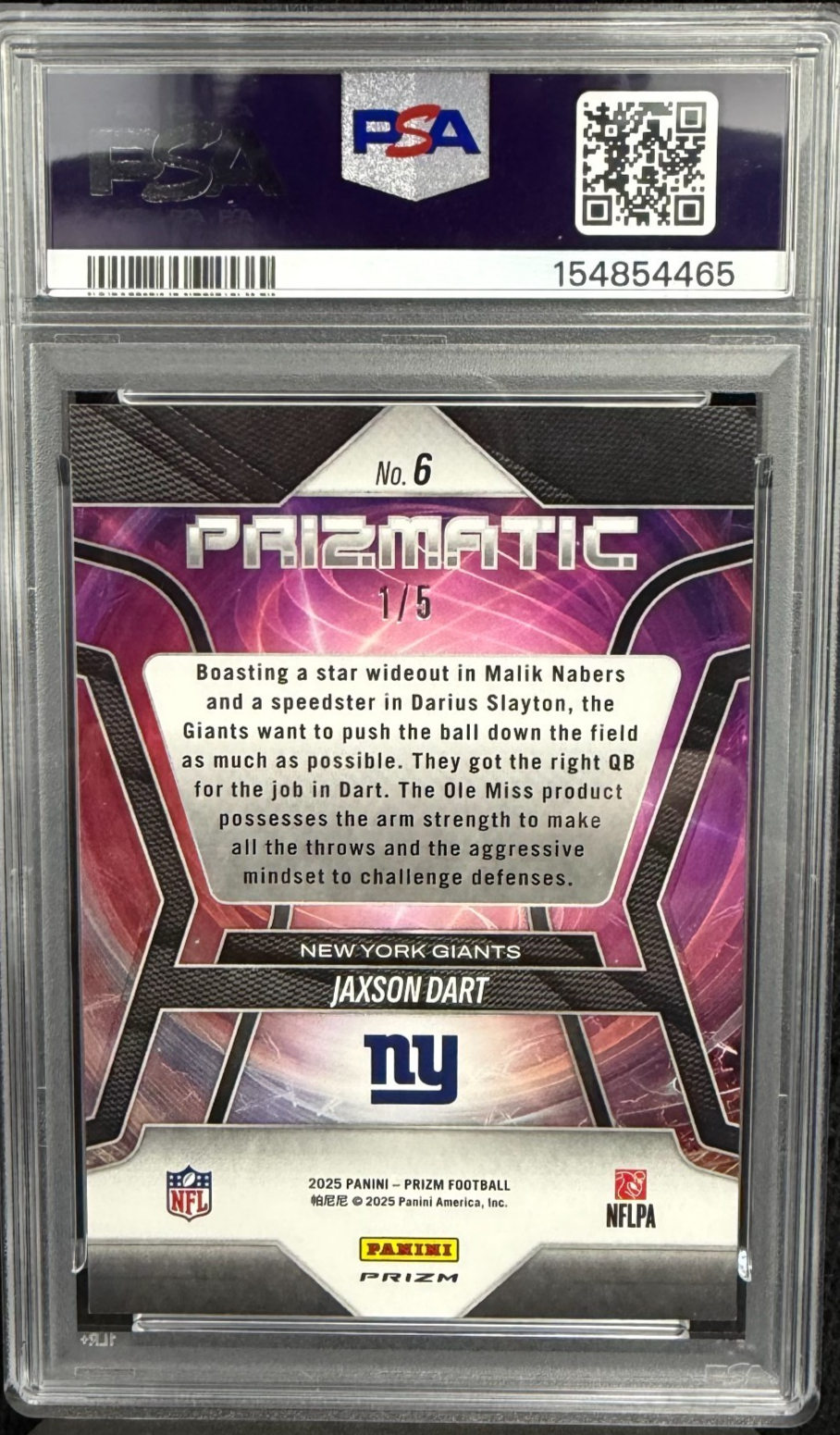 2025 Panini Prizm Football - Prizmatic Jaxson Dart #6 /5 (RC) PSA 8 SUPERFRACTOR
