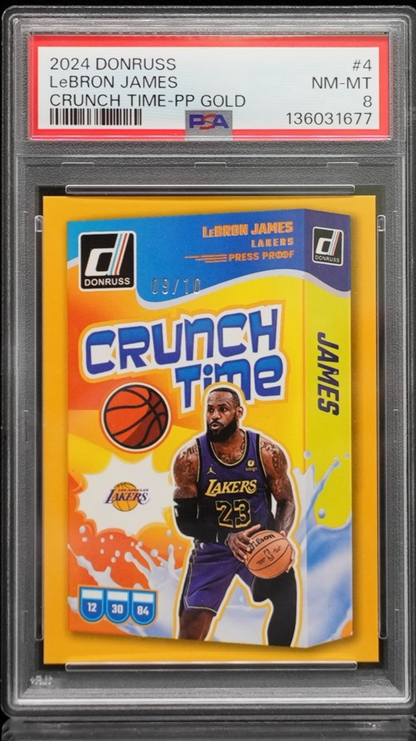 LeBron James 2024-25 Panini Donruss Crunch Time Press Proof Gold 09/10 #4 PSA 8