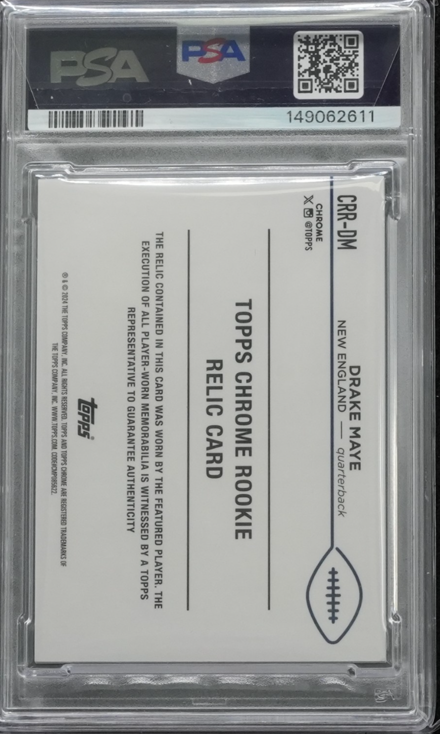 2024 Topps Chrome Rookie Relics Drake Maye #CRR-DM (MEM, RC) Orange /25 PSA 8