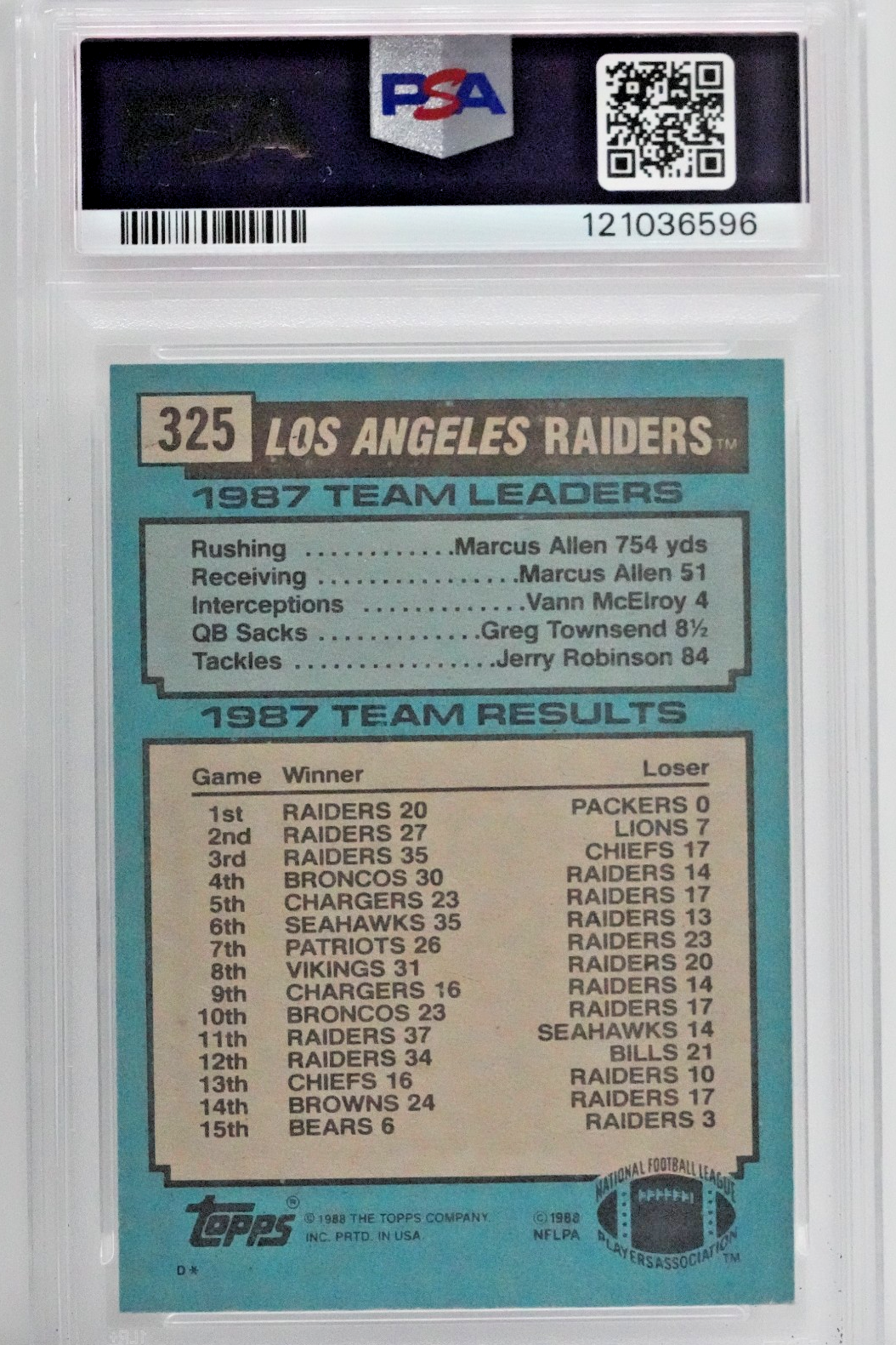1988 TOPPS #325 BO JACKSON RC ALL ALONE RAIDERS TEAM LEADERS PSA 9 DNA AUTO 10