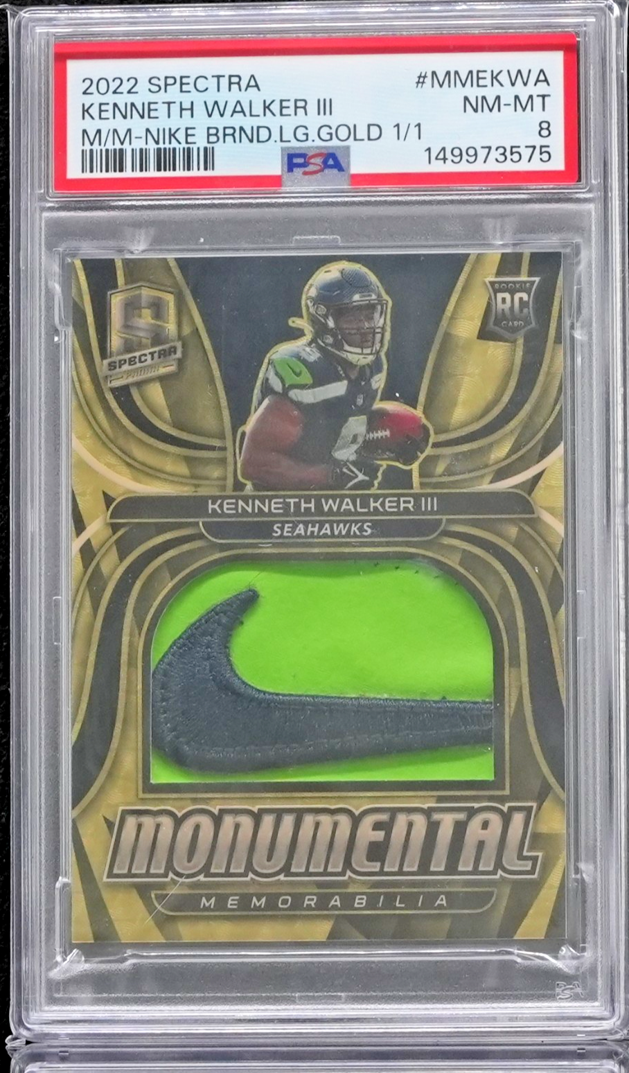 2022 Panini Spectra Monumental Memorabilia Kenneth Walker III SUPERFRAC Gold 1/1