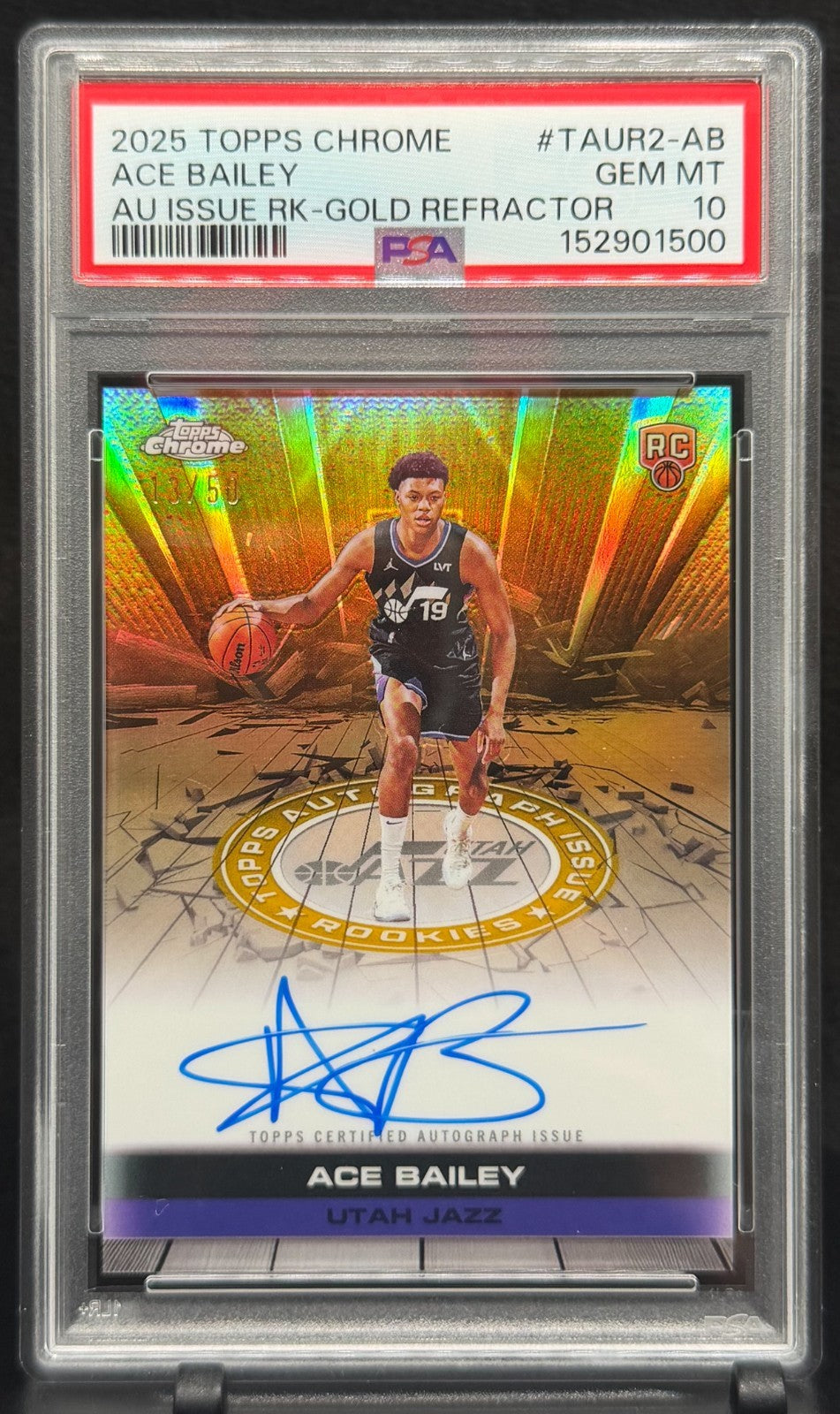 2025 26 Topps Chrome  Autograph  jazz  Rookies Ace Bailey JAZZ GOLD PSA 10 /50