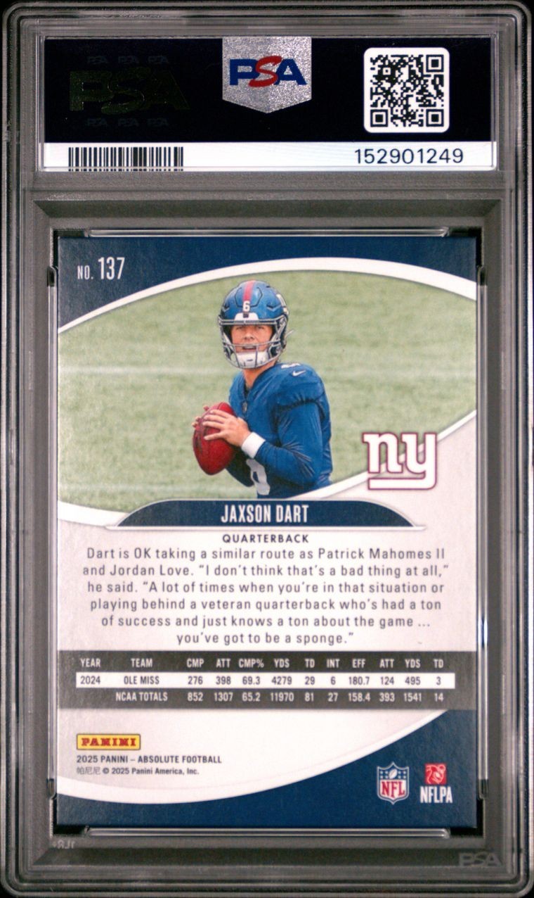 2025 PANINI ABSOLUTE FOOTBALL JAXSON DART #137 PURPLE RAIN PSA 8 GIANTS RC