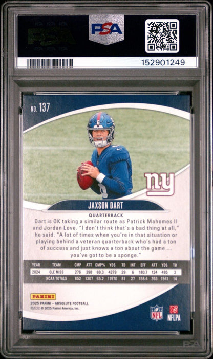 2025 PANINI ABSOLUTE FOOTBALL JAXSON DART #137 PURPLE RAIN PSA 8 GIANTS RC