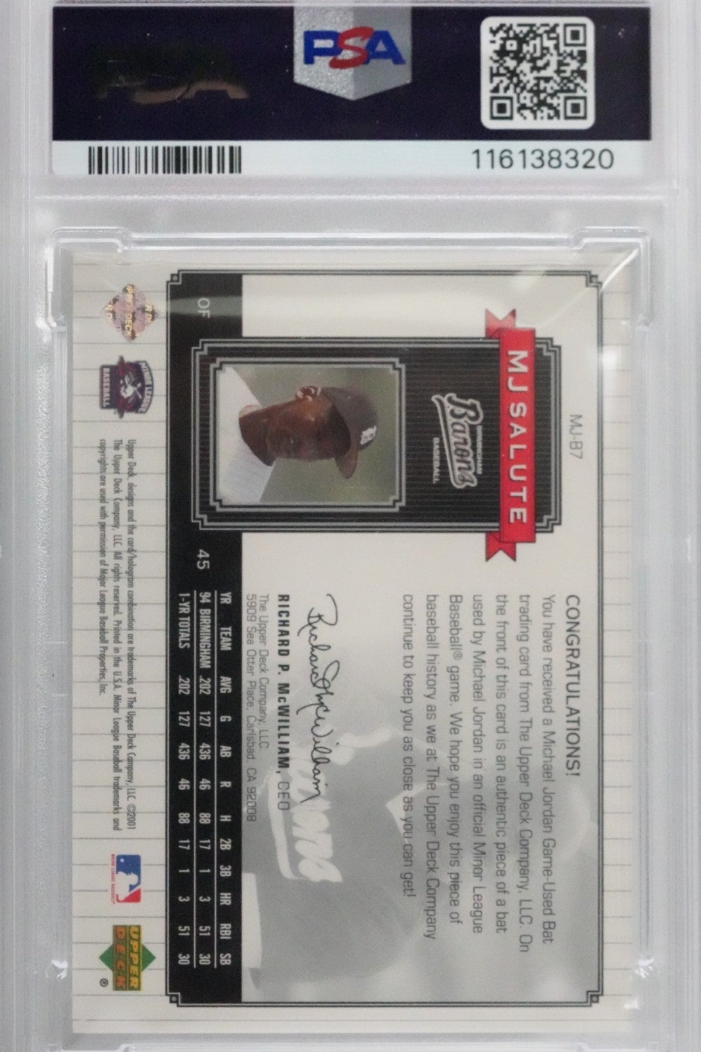 2001 Upper Deck UD M.L. CENTENNIAL MICHAEL JORDAN MJ SALUTE-BAT #MJB7 PSA 10