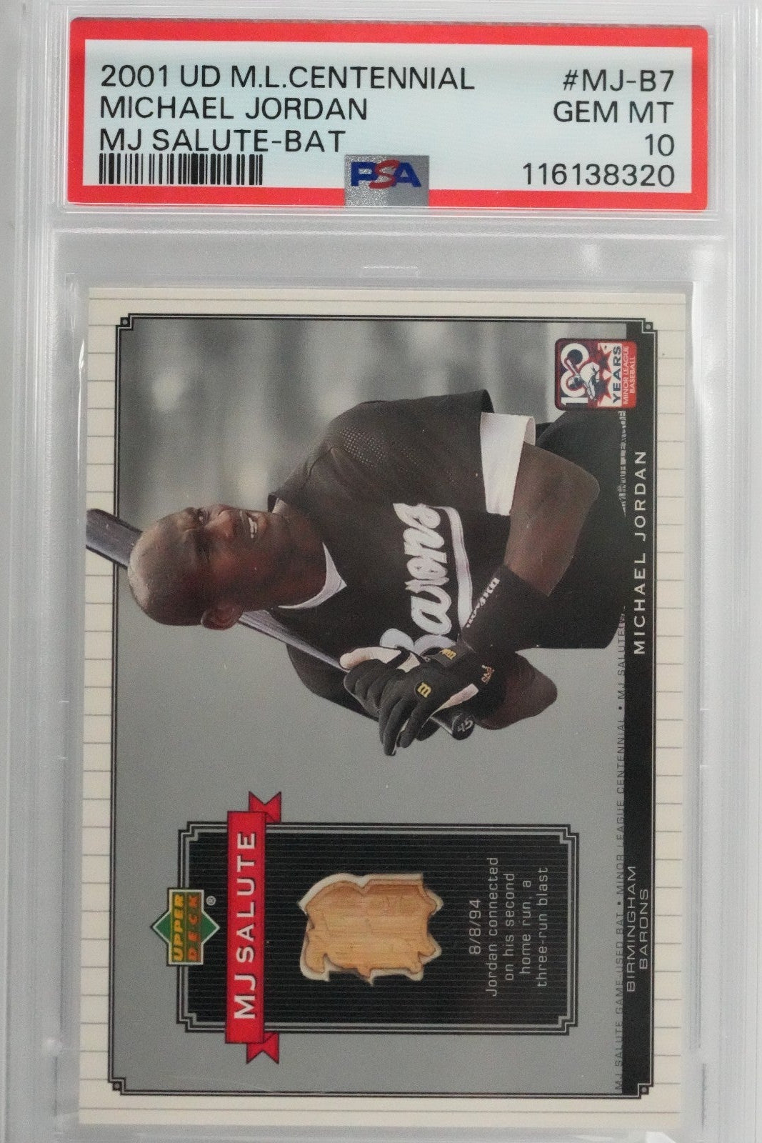 2001 Upper Deck UD M.L. CENTENNIAL MICHAEL JORDAN MJ SALUTE-BAT #MJB7 PSA 10