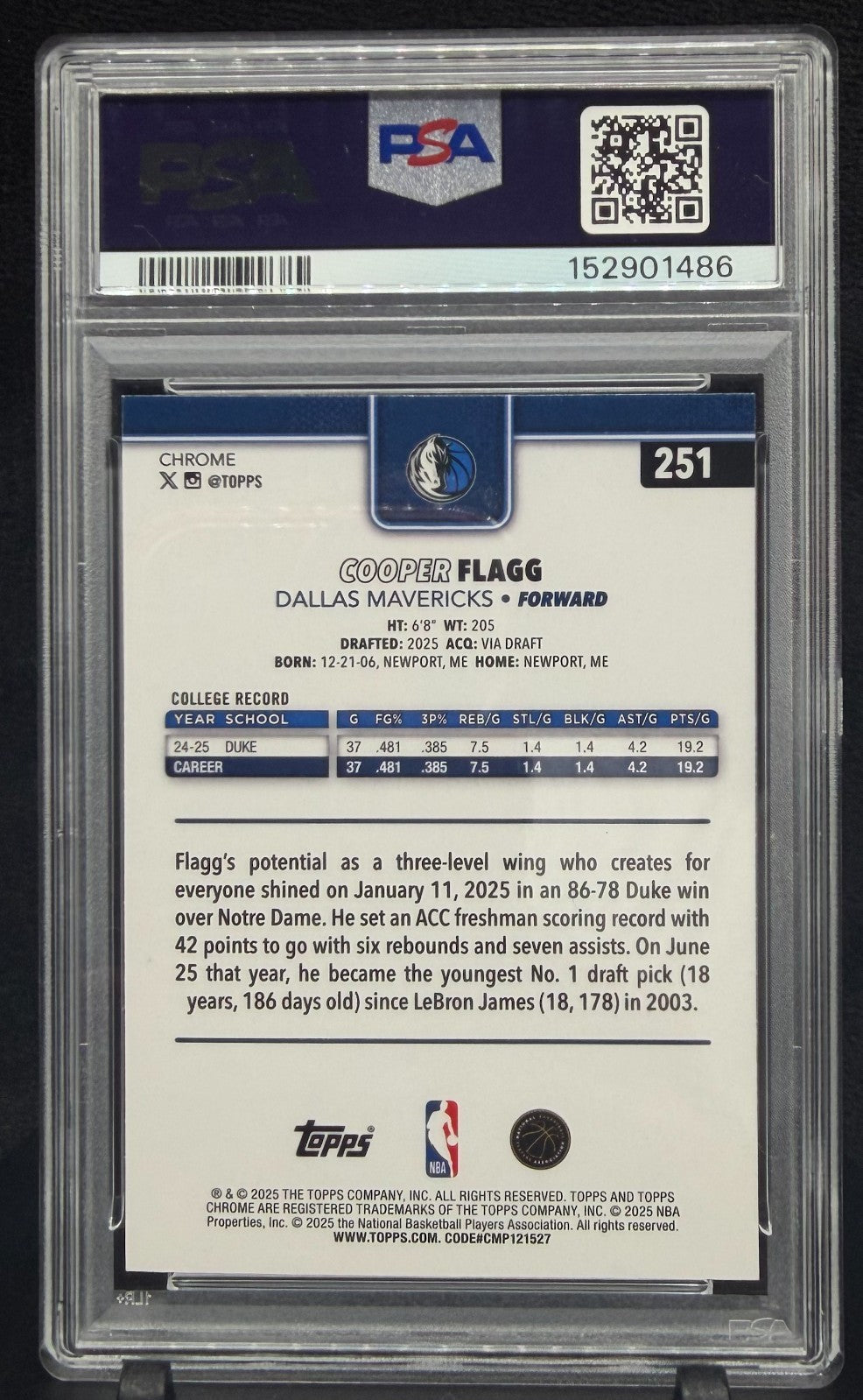 2025-26 Topps Chrome - Cooper Flagg #251 X-Fractor (RC) PSA 9 Mavericks