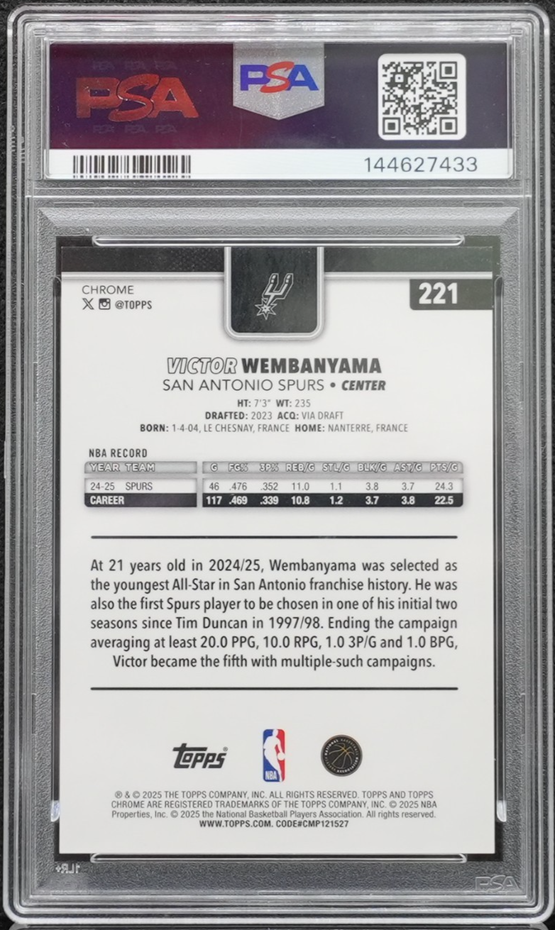 2025 Topps Chrome Victor Wembanyama Orange Pulsar Refractor /25 #221 PSA 9