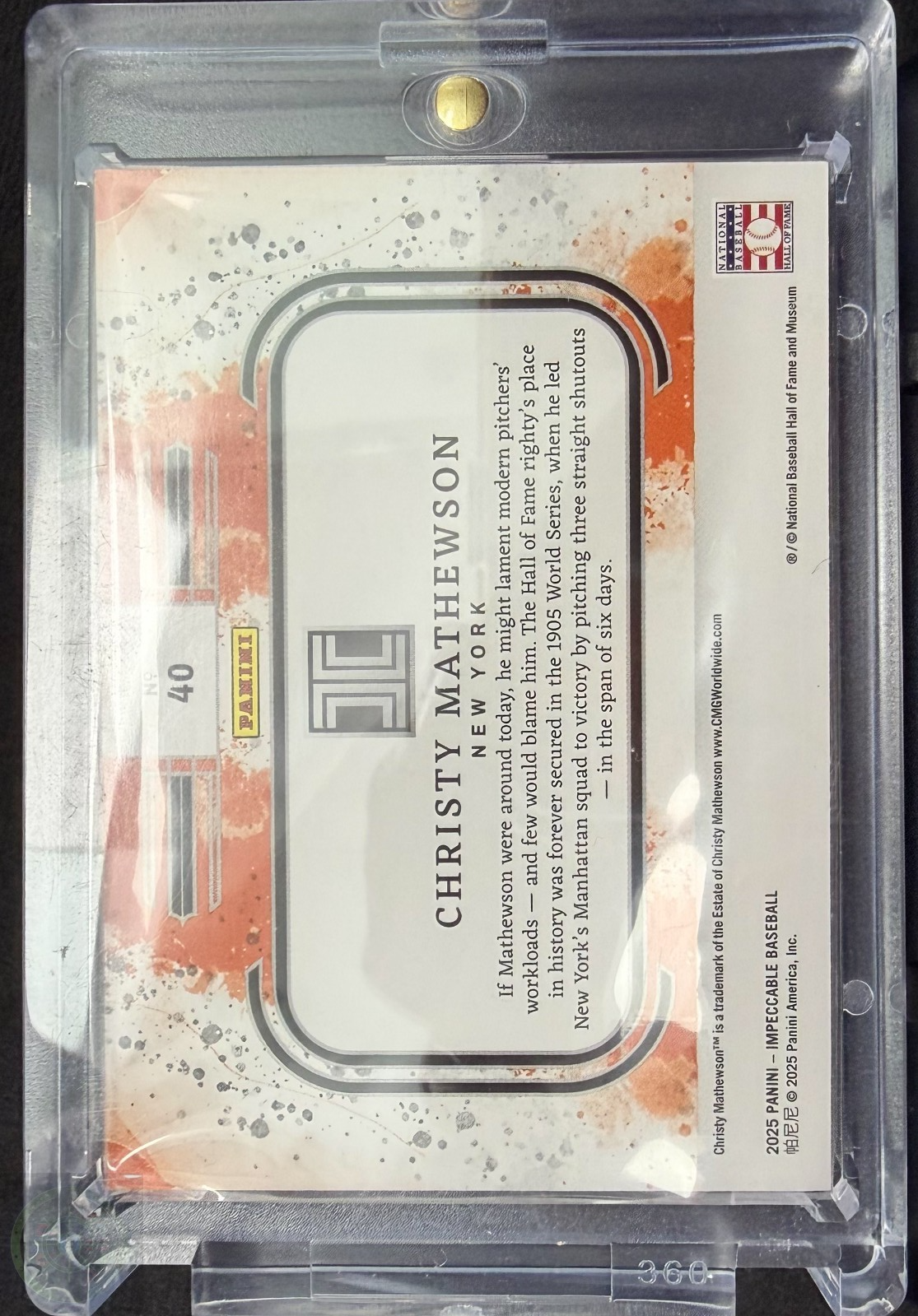 2025 Panini Impeccable Christy Mathewson Gold Bar 1 Toz 1/1
