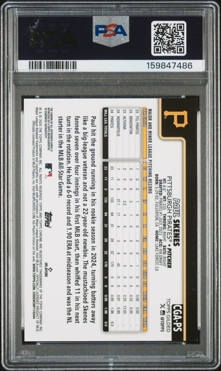 2025 TOPPS GILDED BASEBALL CHROME PAUL SKENES BLUE GOLD /50 AUTO PSA 9 RARE