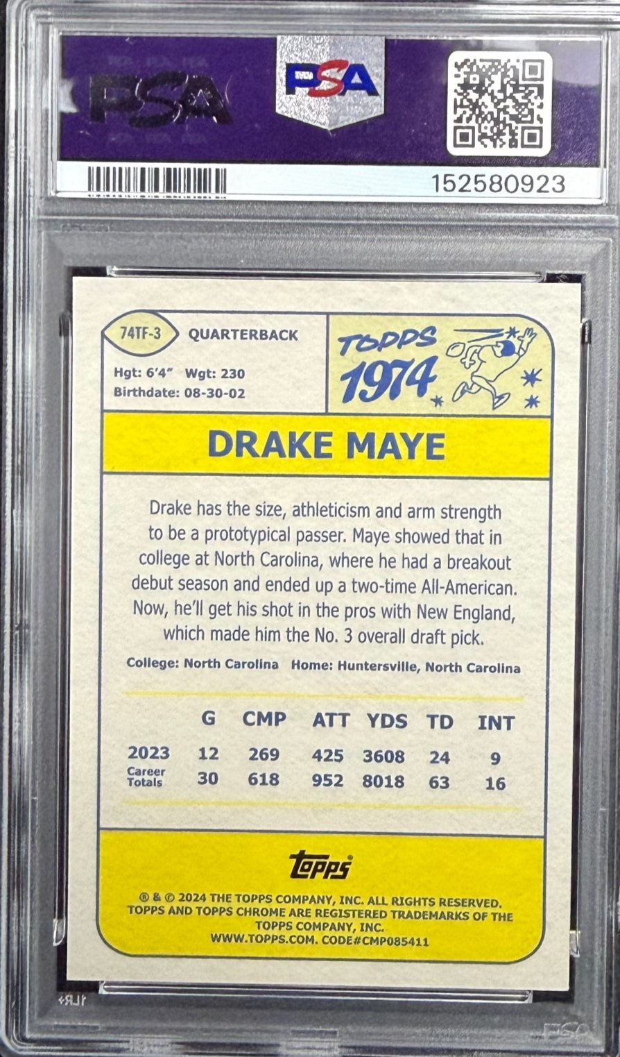 2024 Topps Chrome - 1974 Topps Football Drake Maye Gold Refractor /50 (RC) PSA 9