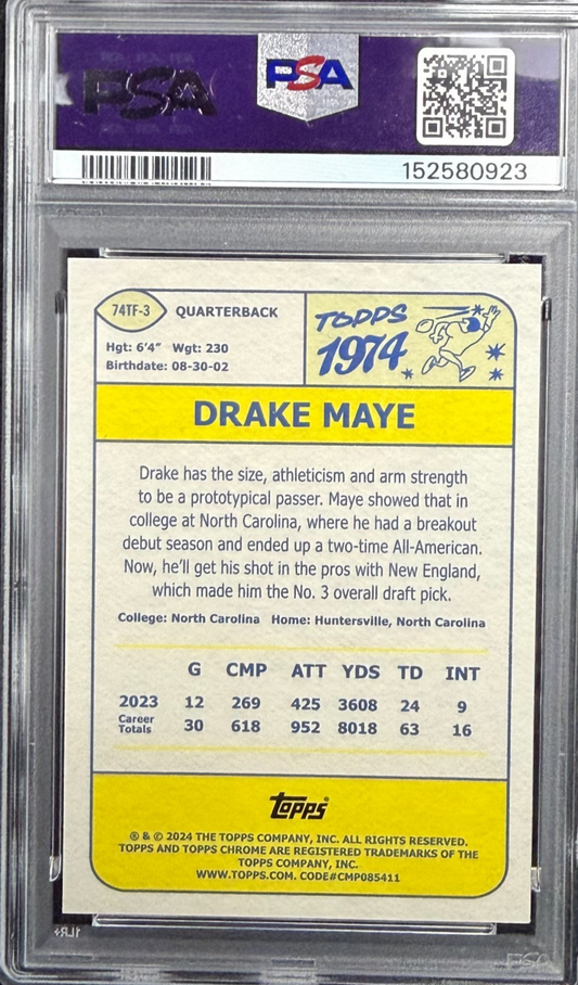 2024 Topps Chrome - 1974 Topps Football Drake Maye Gold Refractor /50 (RC) PSA 9