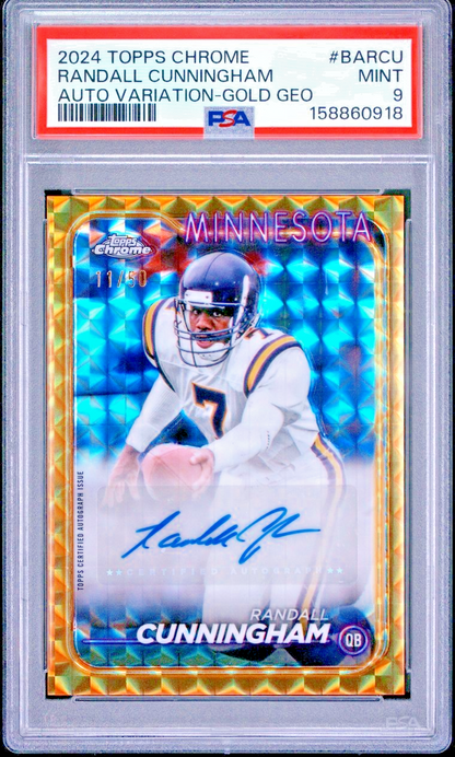 2024 TOPPS CHROME AUTO VARIATION RANDALL CUNNINGHAM GOLD GEO REFRACTOR /50 PSA 7