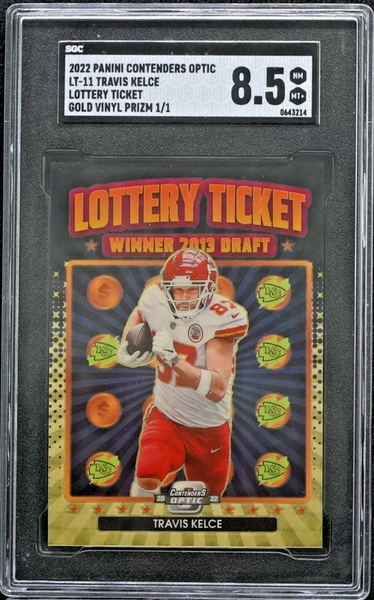 1/1 Travis Kelce Contenders Optoc Lottery Ticket Prizm Gold Vinyl Superfractor