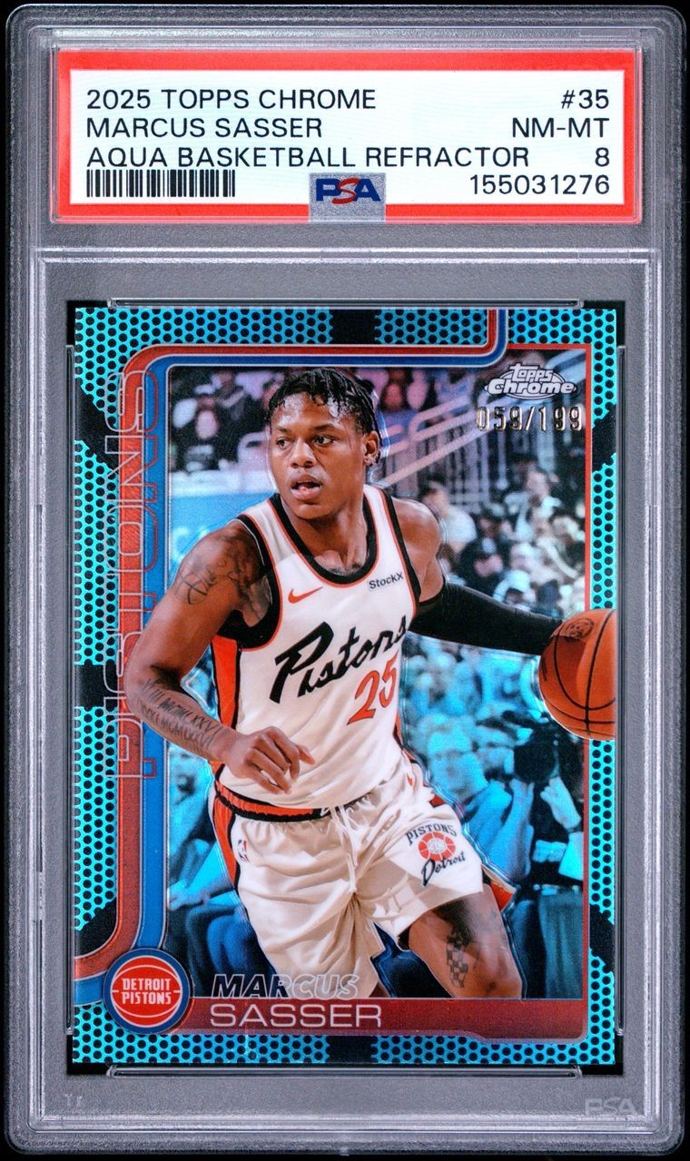 2025-26 Topps Chrome - Marcus Sasser #35 AQUA BASKETBALL REFRACTOR/299 PSA 8