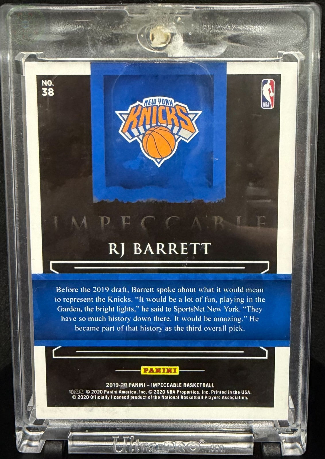 2019-20 Panini Impeccable 14K Gold NBA RJ Barrett 0.5 Troy Oz
