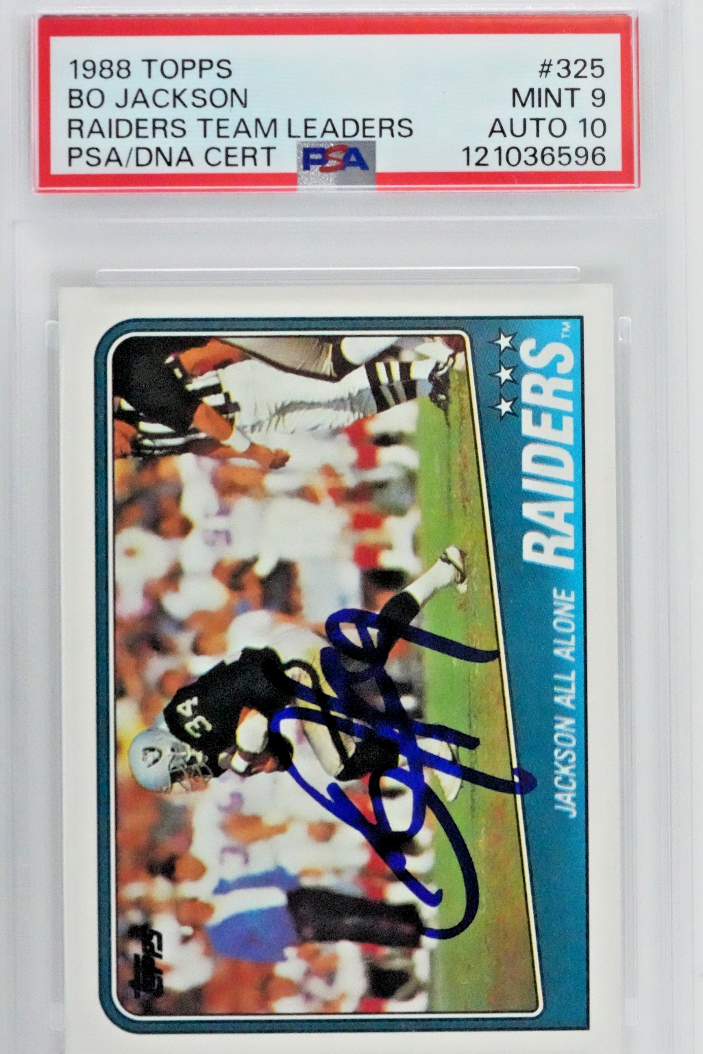 1988 TOPPS #325 BO JACKSON RC ALL ALONE RAIDERS TEAM LEADERS PSA 9 DNA AUTO 10