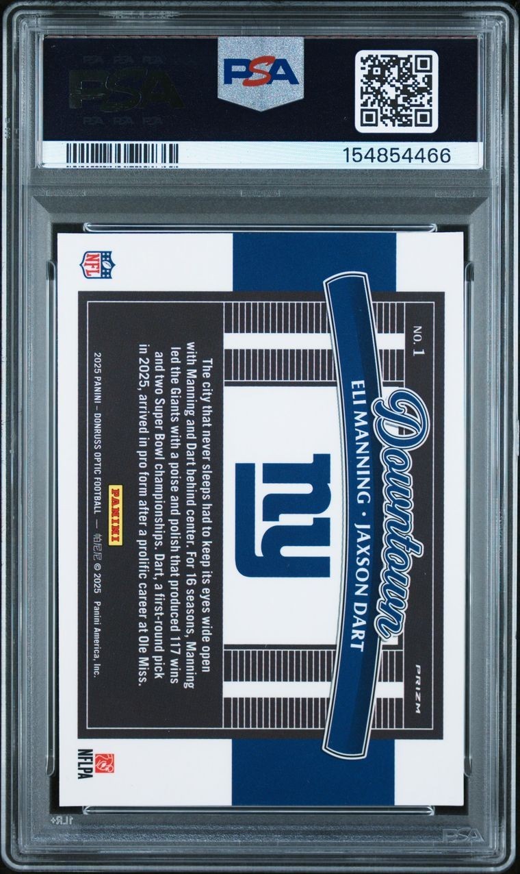 PANINI DUNRUSS OPTIC DOWNTOWN DOUS ELI MANNING JAXSON DART #1 GIANTS PSA 8 RC