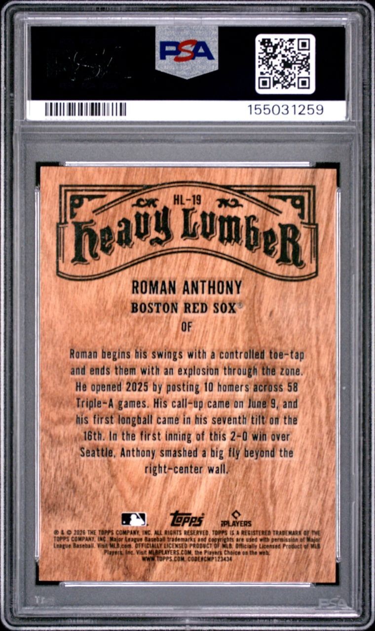 2026 TOPPS BASEBALL HEAVY LUMBER #19 ROMAN ANTHONY RED SOX RC PSA 8