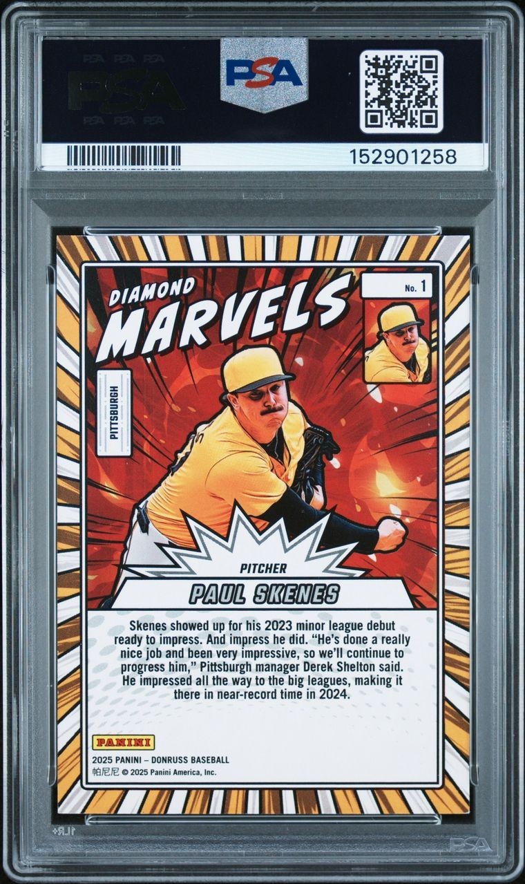 2025 PANINI DONRUSS BASEBALL PAUL SKENES DIAMOND MARVELS GOLD ICE /10 RARE PSA 7