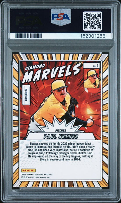 2025 PANINI DONRUSS BASEBALL PAUL SKENES DIAMOND MARVELS GOLD ICE /10 RARE PSA 7