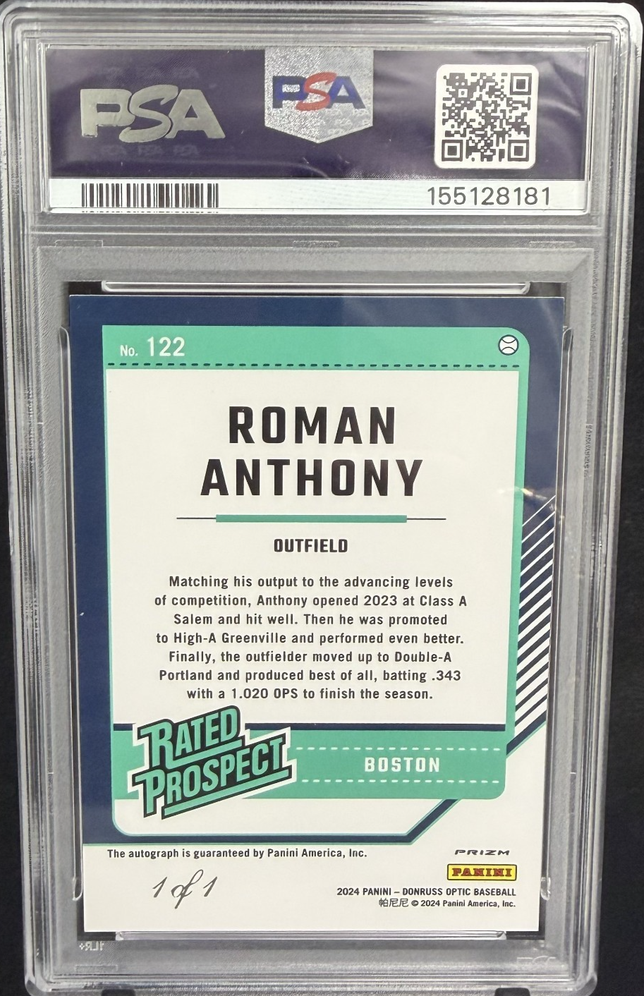 2024 Panini Donruss Optic Rated Prospect /1 Auto Superfractor vinyl