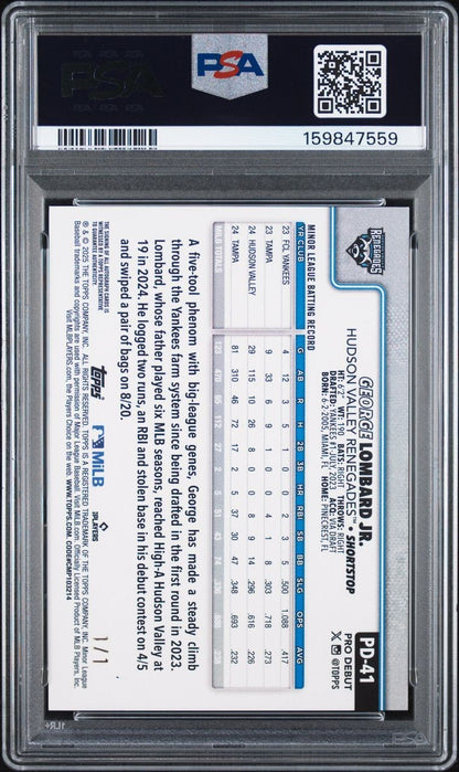 2025 TOPPS PRO DEBUT GEORGE LOMBARD JR FOILFRACTOR AUTO /1 YANKEES BLUE INK PSA