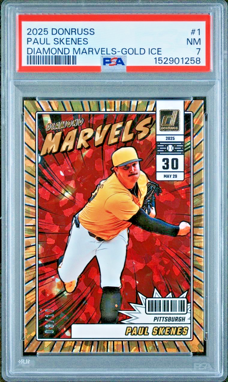 2025 PANINI DONRUSS BASEBALL PAUL SKENES DIAMOND MARVELS GOLD ICE /10 RARE PSA 7