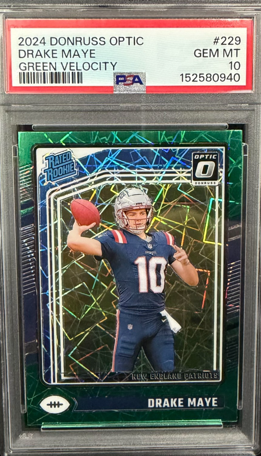 2024 Panini Donruss Optic Rated Rookie Drake Maye #229 Green Velocity RC PSA 10