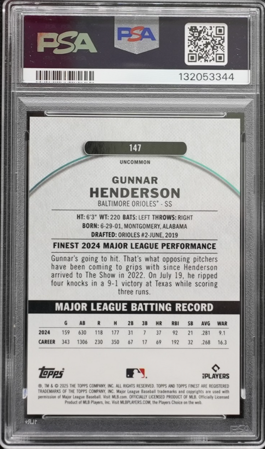 2025 Topps Finest #147 Gunnar Henderson Green Refractor /35 - PSA 10 1/1