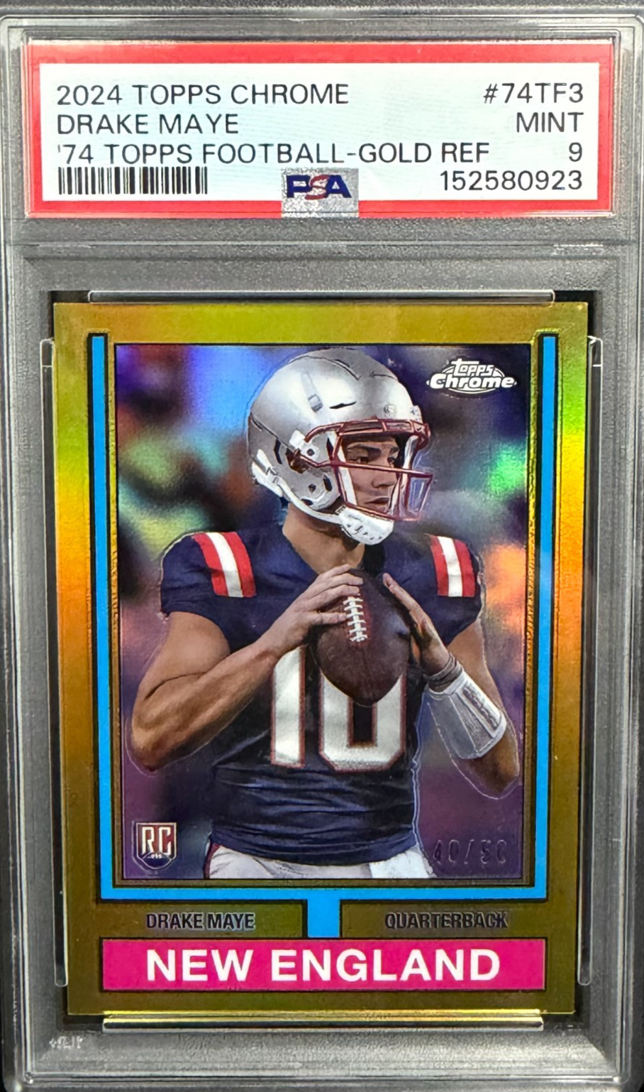 2024 Topps Chrome - 1974 Topps Football Drake Maye Gold Refractor /50 (RC) PSA 9