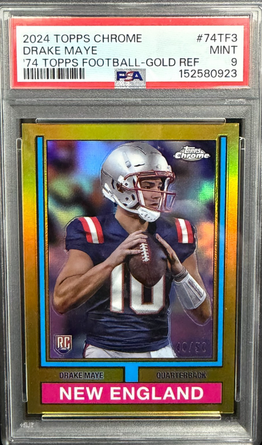 2024 Topps Chrome - 1974 Topps Football Drake Maye Gold Refractor /50 (RC) PSA 9