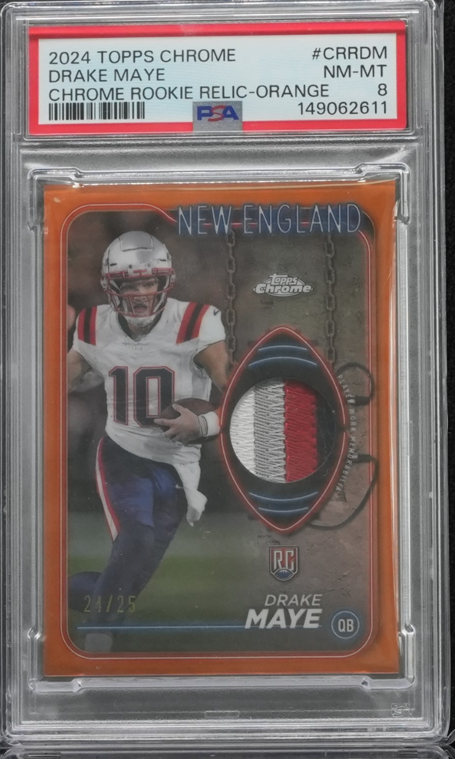 2024 Topps Chrome Rookie Relics Drake Maye #CRR-DM (MEM, RC) Orange /25 PSA 8