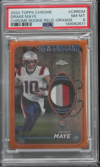 2024 Topps Chrome Rookie Relics Drake Maye #CRR-DM (MEM, RC) Orange /25 PSA 8